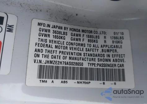 2010 Honda Insight Ex z USA, uszkodzony, nr VIN JHMZE2H79AS028650